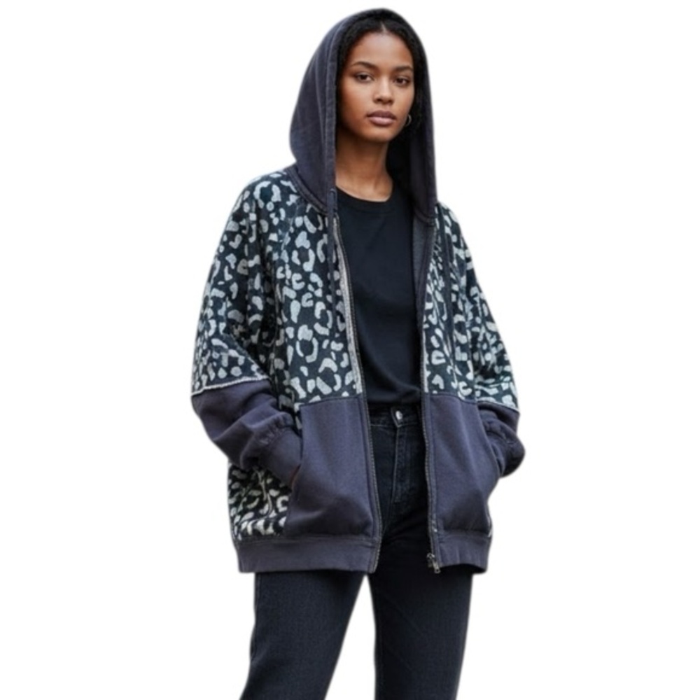Free People We The Free Meow Oversized Zip-Up Hoodie, Sweatshirt, Black/Grey
